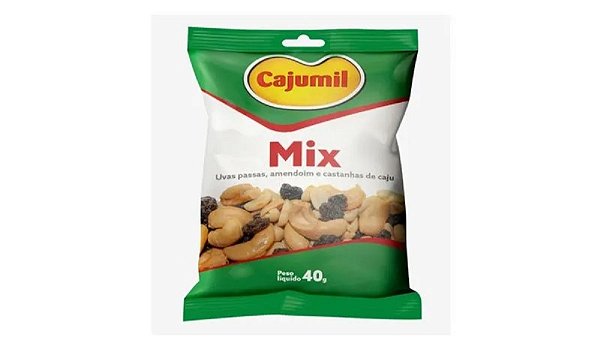 MIX COM AMÊNDOAS DE CASTANHAS DE CAJU, AMENDOIM, UVA PASSA E SAL REFINADO CAJUMIL (W4) 40G - 30 UNIDADES