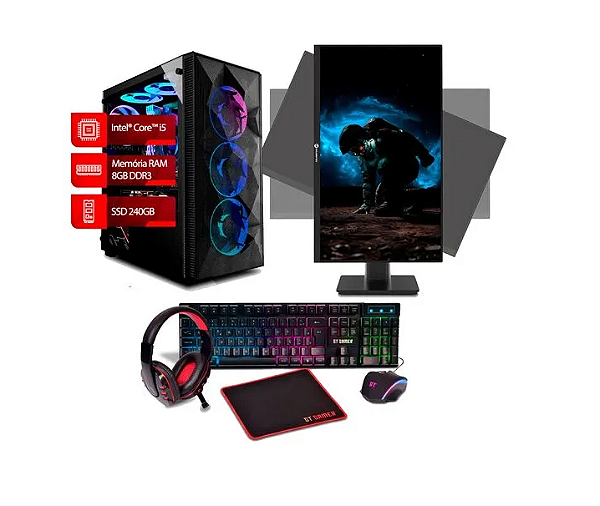 PC Gamer Completo Intel Core i5 8GB SSD 240GB + Monitor 23,8" LED FHD Pivot Rotativo  + Kit Headset + Teclado + Mouse + Mouse