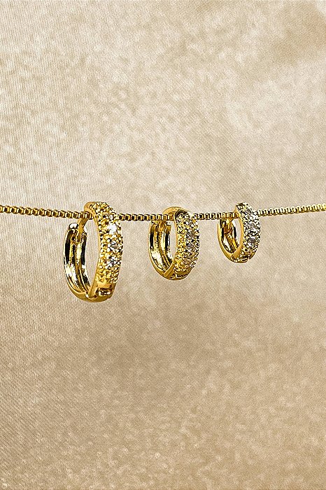 Trio de Argolinhas Com Zirconia Banhado em Ouro 18k