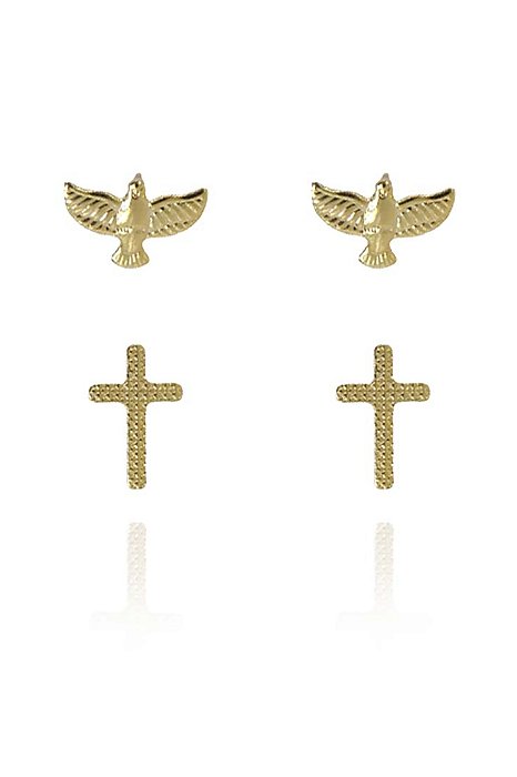 Duo de Cruz e Espírito Santo Banhado em Ouro 18k