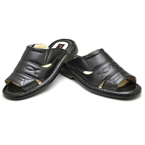 Chinelo Masculino Conforto Couro Preto