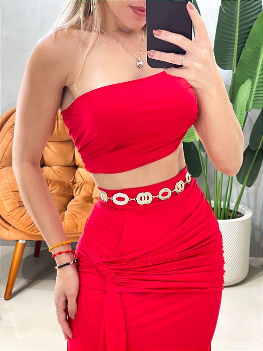 Conjunto em Poliamida Cropped Alça Única Franzido e Saia Longa Transpassada Leon