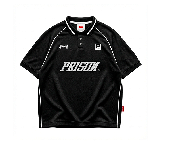 Camisa polo oversized lines preta prison x mavericks