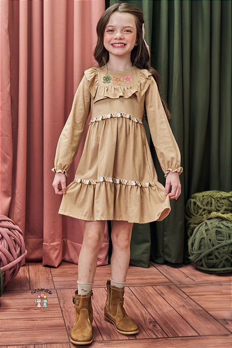 Vestido Infantil Manga Longa Babado Kukiê Marrom Algodão