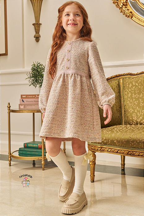 Vestido Infantil Manga Longa Tweed Bege Kukiê Elegante