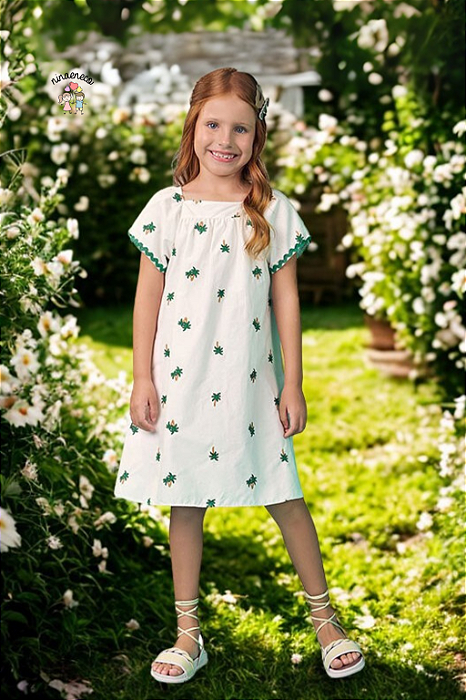 Vestido Infantil Manga Curta Abacaxi Off White Nanai