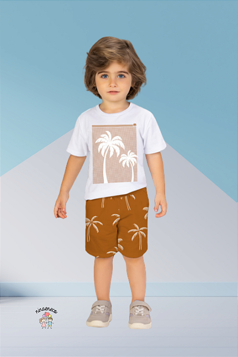 Conjunto Infantil Camiseta Branca Bermuda Milon Coqueiro