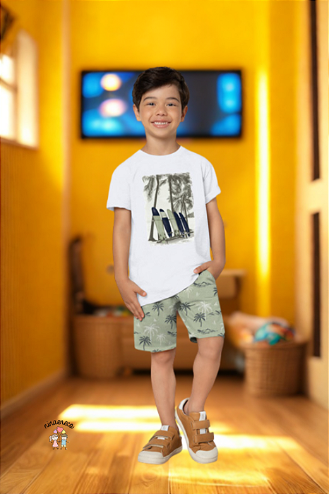 Conjunto Infantil Camiseta Branca Bermuda Verde Milon Surf
