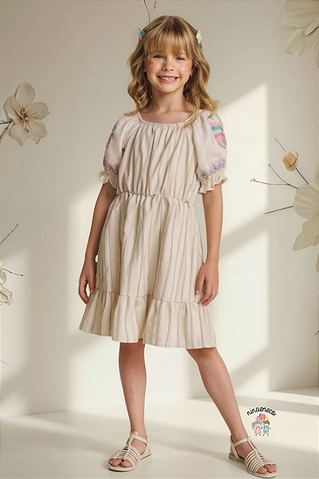 Vestido Infantil Bege Linho Deluxe Tricoline Kukie