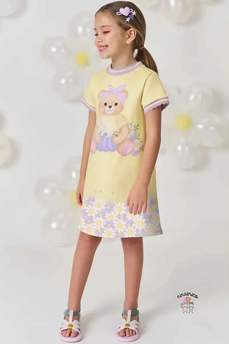Vestido Infantil Ursinha Fly Amarelo Kukie Manga Curta