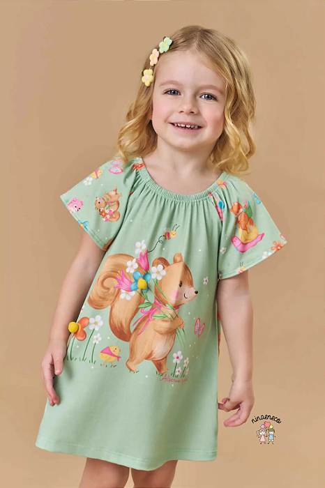 Vestido Infantil Verde Estampado Esquilo Kukie