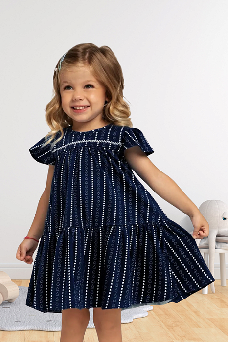 Vestido Feminino Azul Marinho Estampado Corações Milon