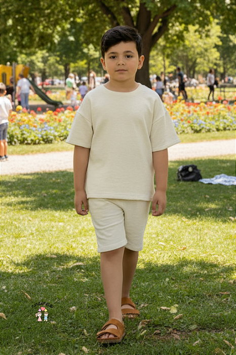 Conjunto Menino Bege Carinhoso Camiseta e Bermuda