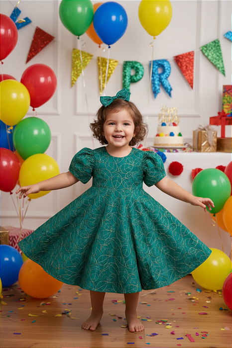 Vestido Infantil Verde Botânico Manga Bufante Milon