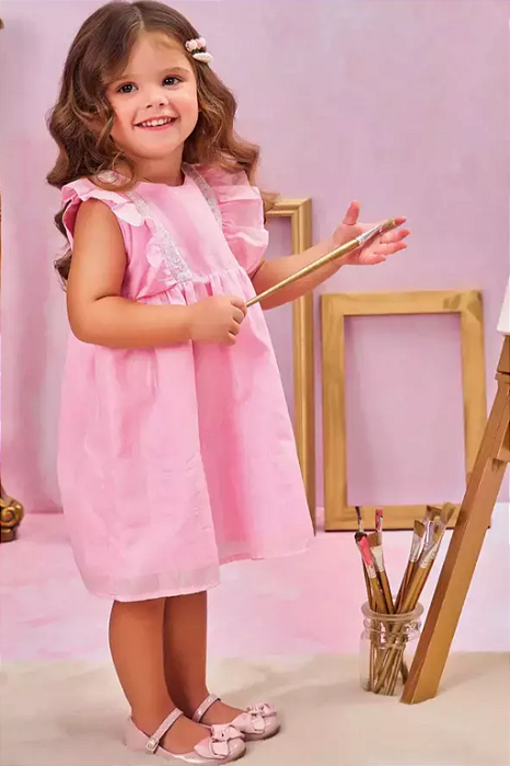 Vestido Holográfico Rosa Manga Curta Kukiê