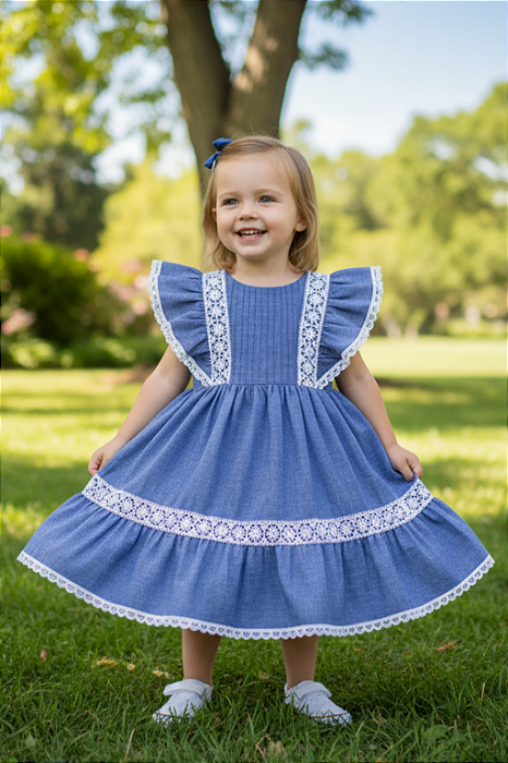 Vestido Infantil Azul com Babados e Renda Barbara Kids