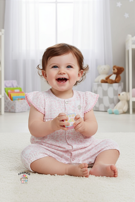 Macacão Manga Curta Animal Print Rosa Mini Bear