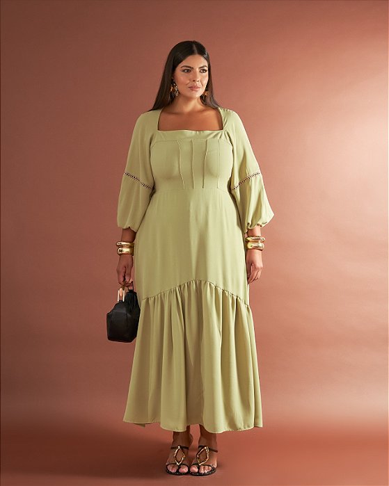 vestido midi com decote quadrado verde 44