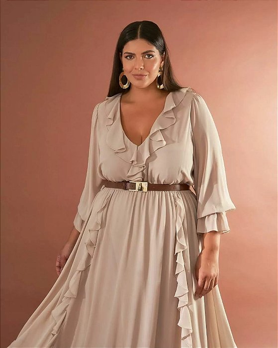 Vestido midi babados cinza 42