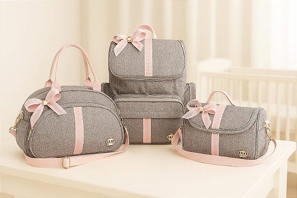 Kit 3 Bolsas Bebe Maternidade Laço Cinza/Rosa Mochila Luxo Alça