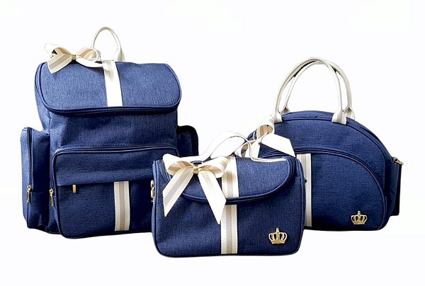 Kit Bolsa Maternidade e Mochila Azul/Creme Luxo 3 Bolsas Laço