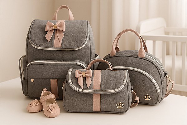 kit Maternidade Bebe Bolsa Rosê Mochila Luxo Laço
