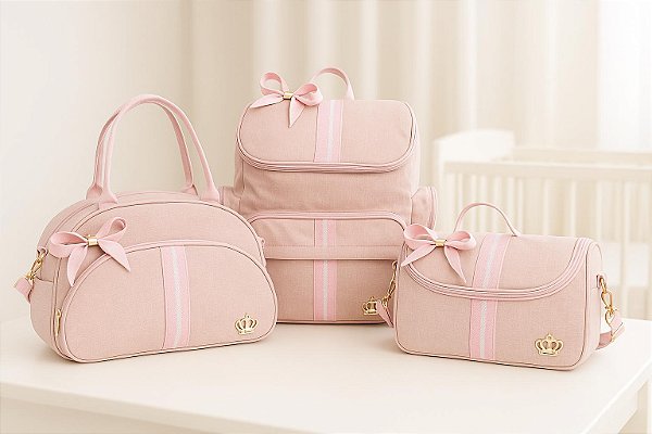 Kit Maternidade Bebe Bolsa Rosa/Rosa Mochila Luxo Laço
