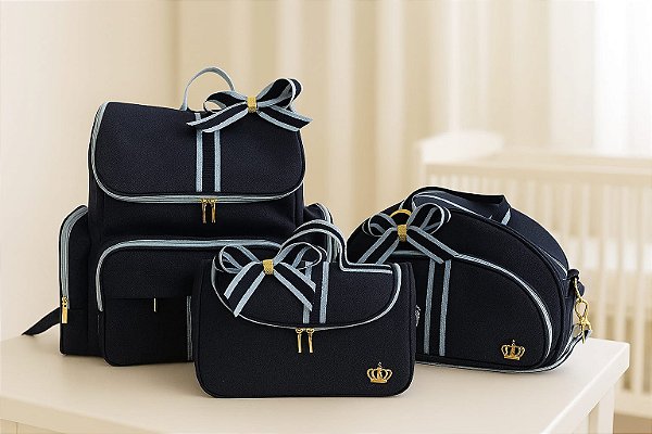 Kit Bolsa Bebe Maternidade Mochila Luxo Azul 3 bolsas Laço
