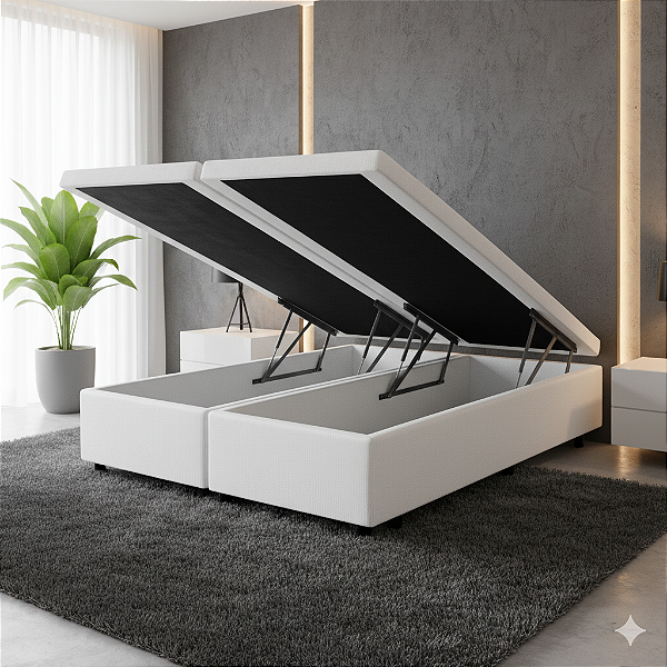 Base Box Baú King Size Bipartido 193x203 Courino - Branco