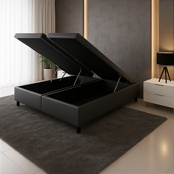 Base Box Baú King Size Bipartido 193x203 Courino - Preto