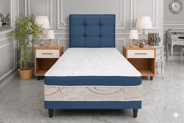 Cama Box Conjugada Luxo Solteiro - Azul