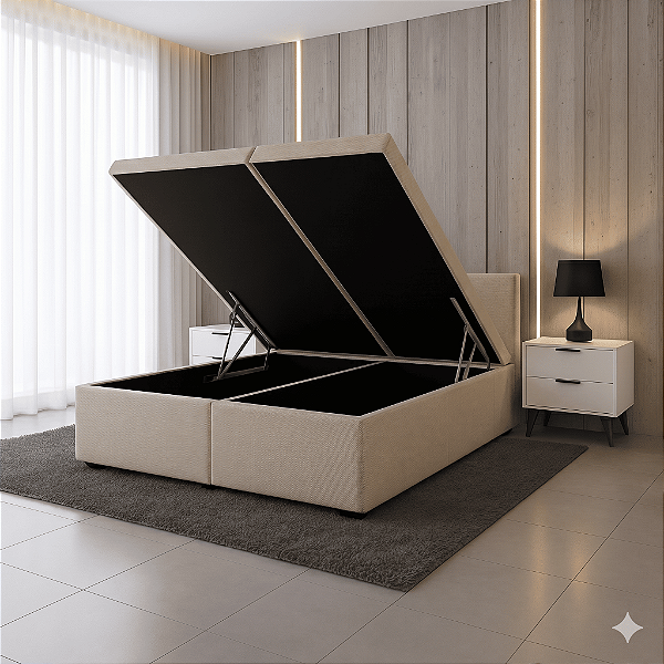 Base Box Baú Bipartido Suede Casal – Bege