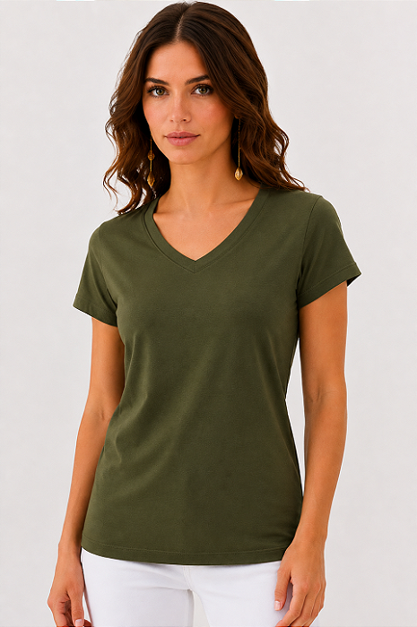 Blusa Feminina Lisa Gola V Manga Curta Verde Militar