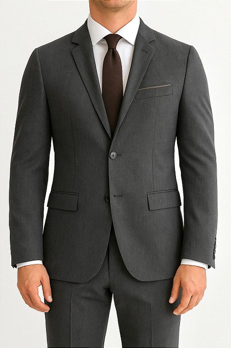 Terno Cinza Chumbo Melange Microfibra com Detalhe Bege