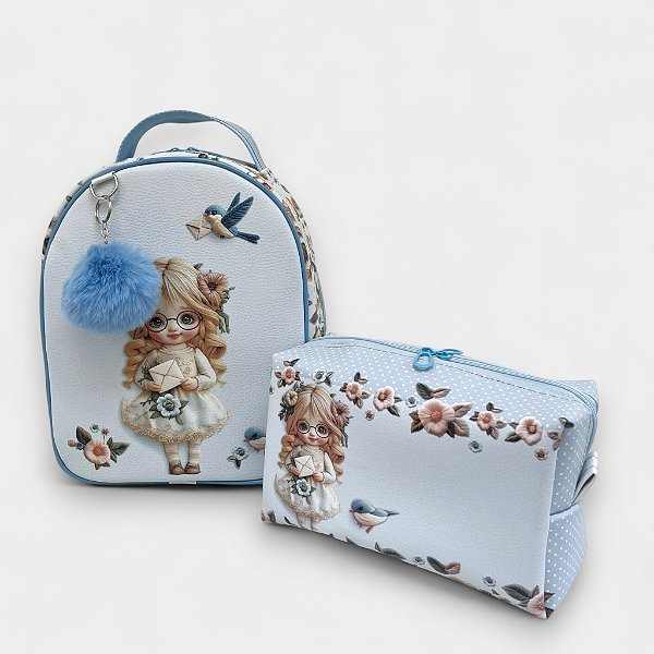 Kit Mochila e Necessaire Menininha Azul