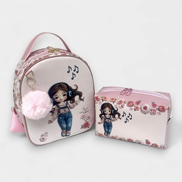 Kit Mochila e Necessaire Menininha Rosa