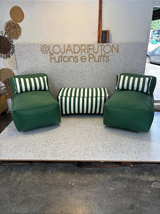 Conjunto Puff M  Standard  cor verde 333 + 1 Peseira + 2 Almofadas verde listrado