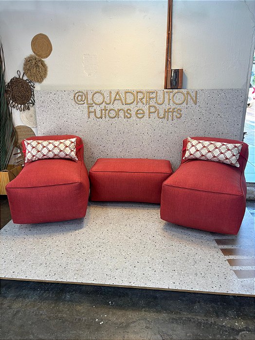 Conjunto Puff M  Standard + 1 Peseira + 2 Almofadas Vermelha