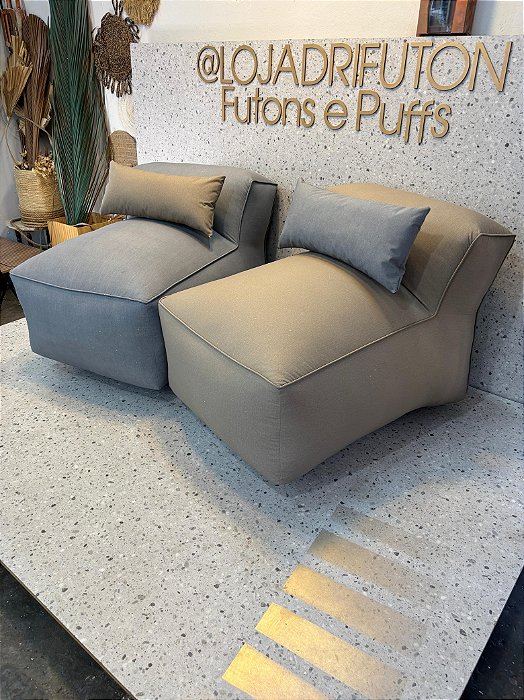 Conjunto Puff M Standard Caqui e Cinza  + 2 Almofadas Cinza e Caqui