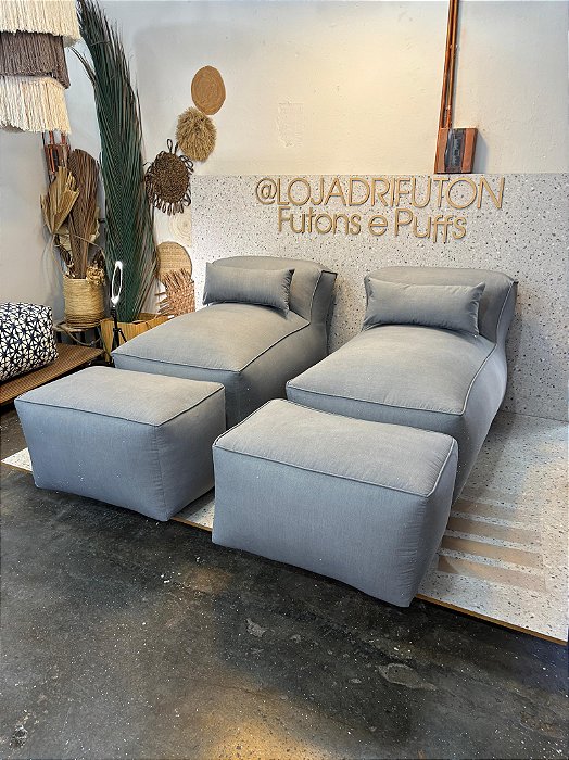 Conjunto Puff G  Standard + 2 Peseiras + 1 Almofada cor cinza