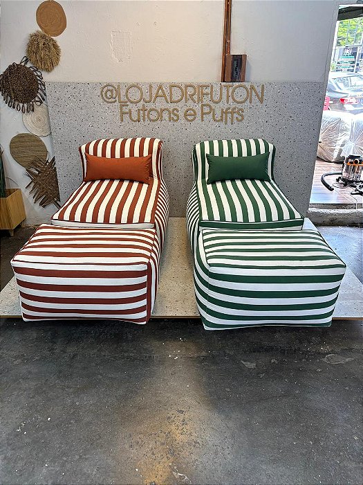 Conjunto Puff G Standard + 2 Peseiras + 1 Almofada cor listrado verde e listrado terra cota