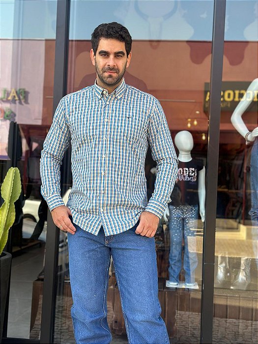 CAMISA PREMIUM MANGA LONGA BEGE/AZUL COLORIDO