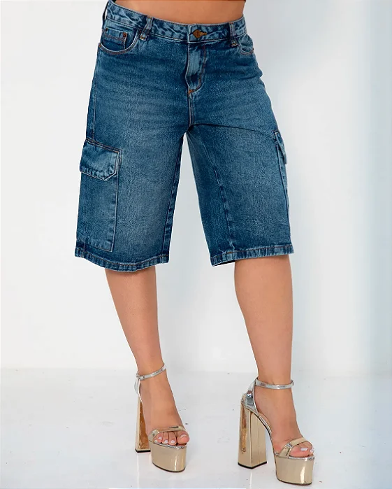 Jorts Jeans Feminino Cargo 24932 Sky Médio