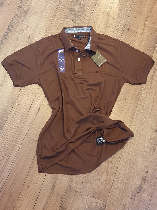 Polo Tommy Hilfiger Masculina Marrom Custom Fit