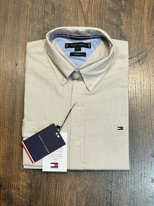 Camisa Bege Gingham Tommy Hilfiger Masculina Regular Fit