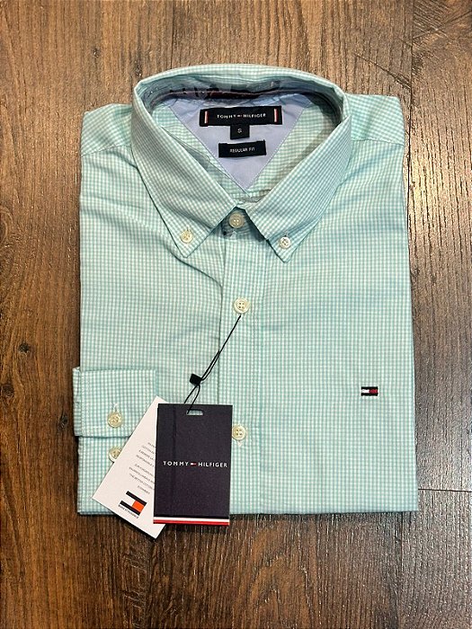 Camisa Verde Claro Gingham Tommy Hilfiger Masculina Regular Fit