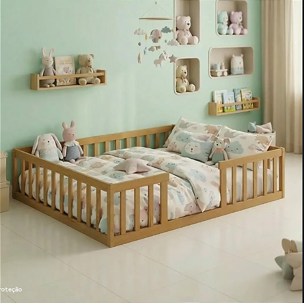 Cama de Casal Montessoriana Queen Size Nogueira com Proteção