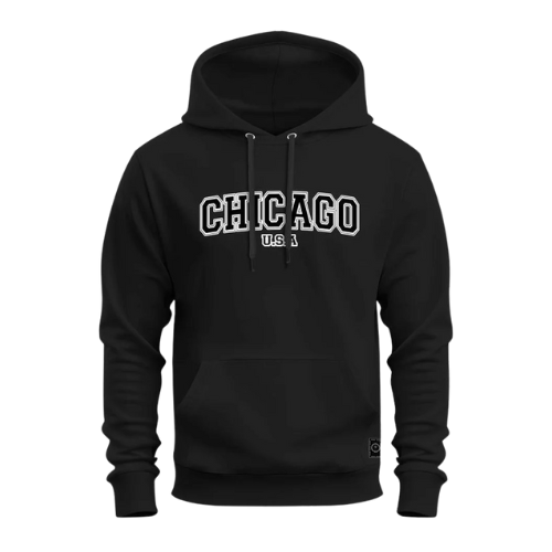 Moletom Estampado Premium Canguru Flanelado Com Capuz Chicago USA - Preto