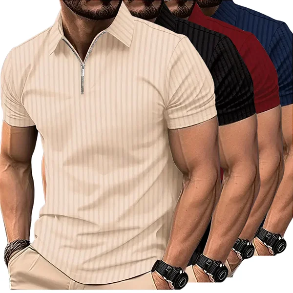 Camiseta Polo Manga Curta Com Ziper Masculina Malha Canelada