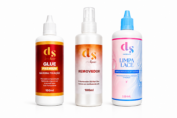 Cola DS Hair Glue Premium 100ml + Removedor 100ml + Limpa Lace 100ml (COMPRE E GANHE 1 PENTE QUENTE)